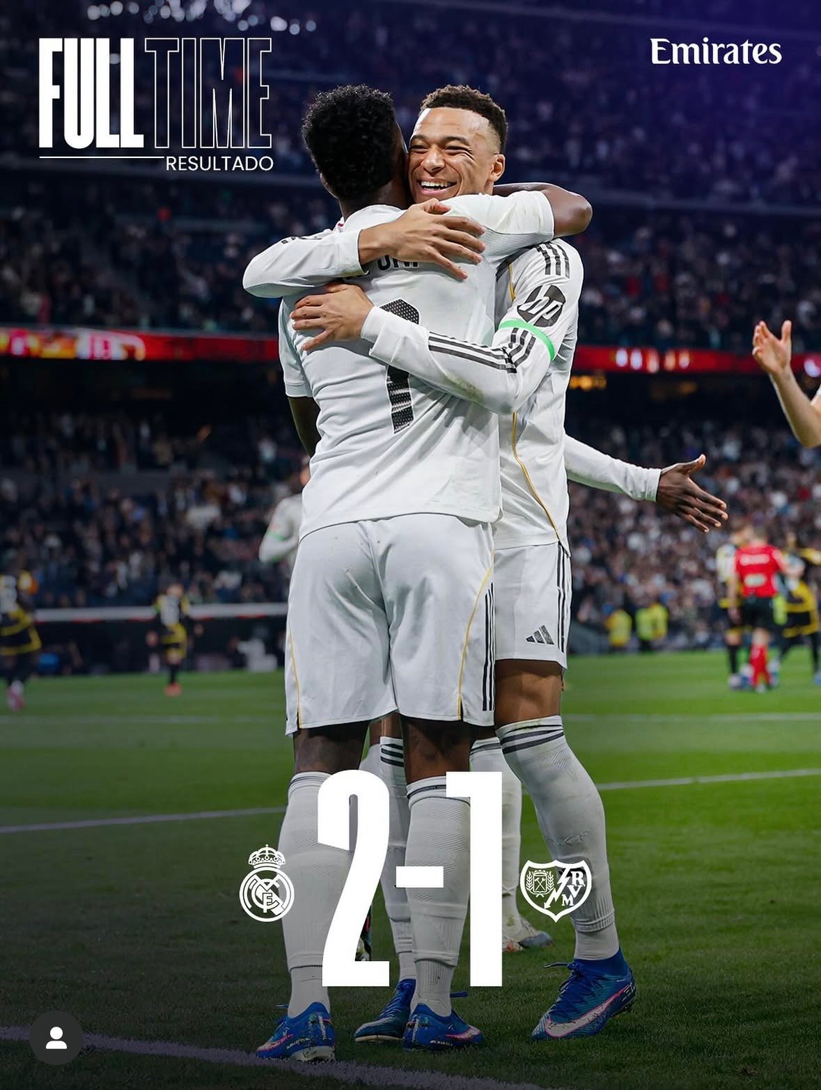 ¡Gol de victoria final! El penalti de Mbappé en el minuto 90+10 le da al Real Madrid la victoria por 2-1 en casa ante el Rayo Vallecano.