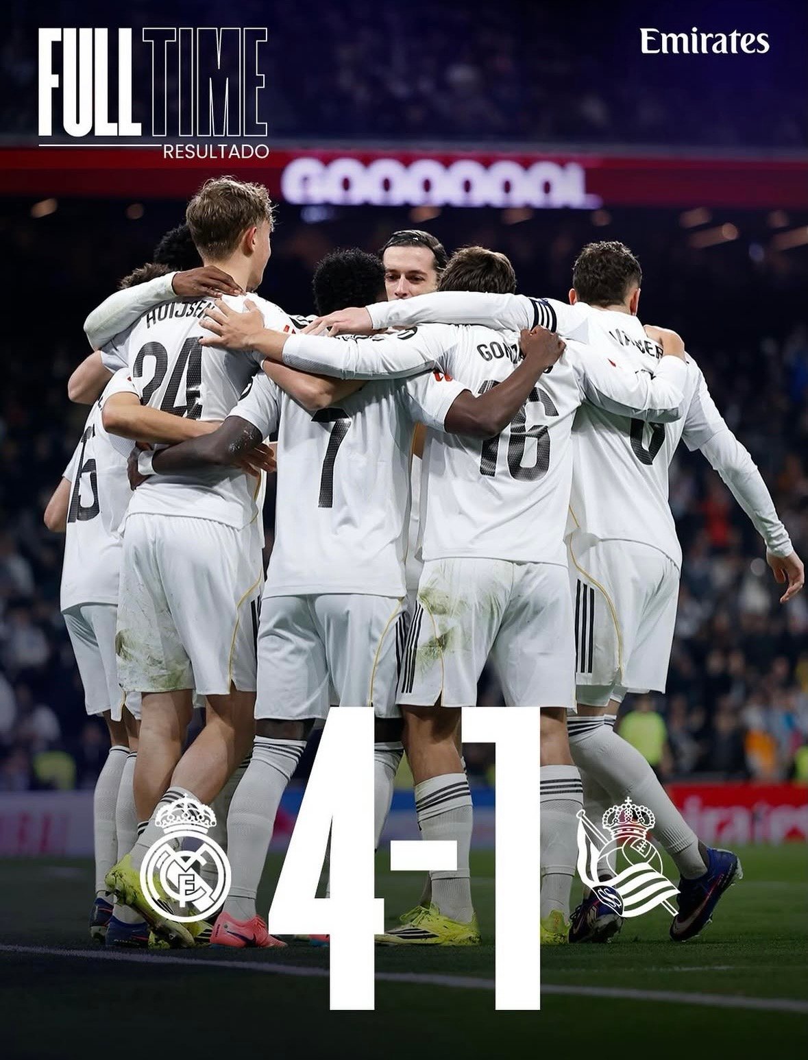 Ocho victorias consecutivas en La Liga. El Real Madrid venció 4-1 en casa a la Real Sociedad y regresó al primer puesto de La Liga.
