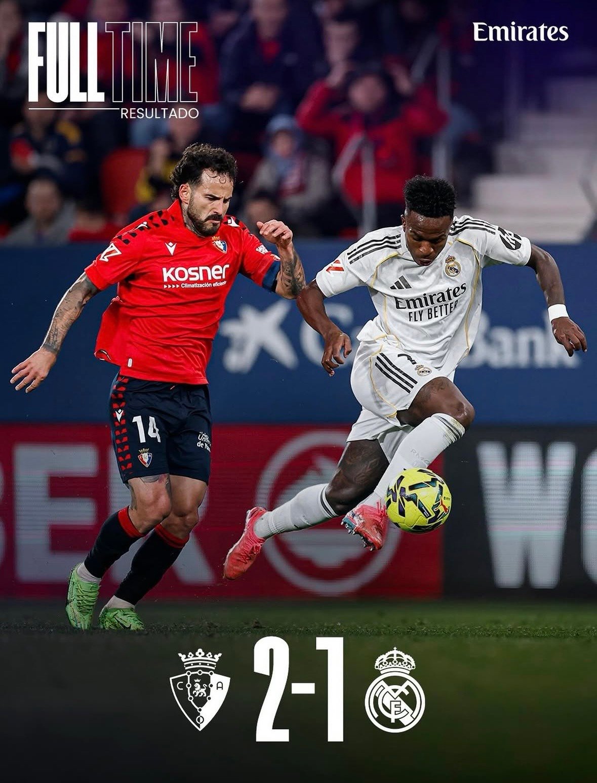 Fin de cuatro victorias seguidas, el Real Madrid cayó 1-2 ante el Osasuna fuera de casa