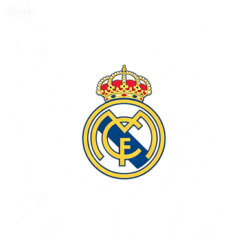 Logo oficial del Real Madrid CF en colores dorado, azul y rojo sobre fondo blanco